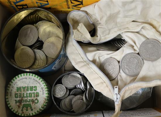 A large quantity of george VI and Q EII half crowns and threepence coins